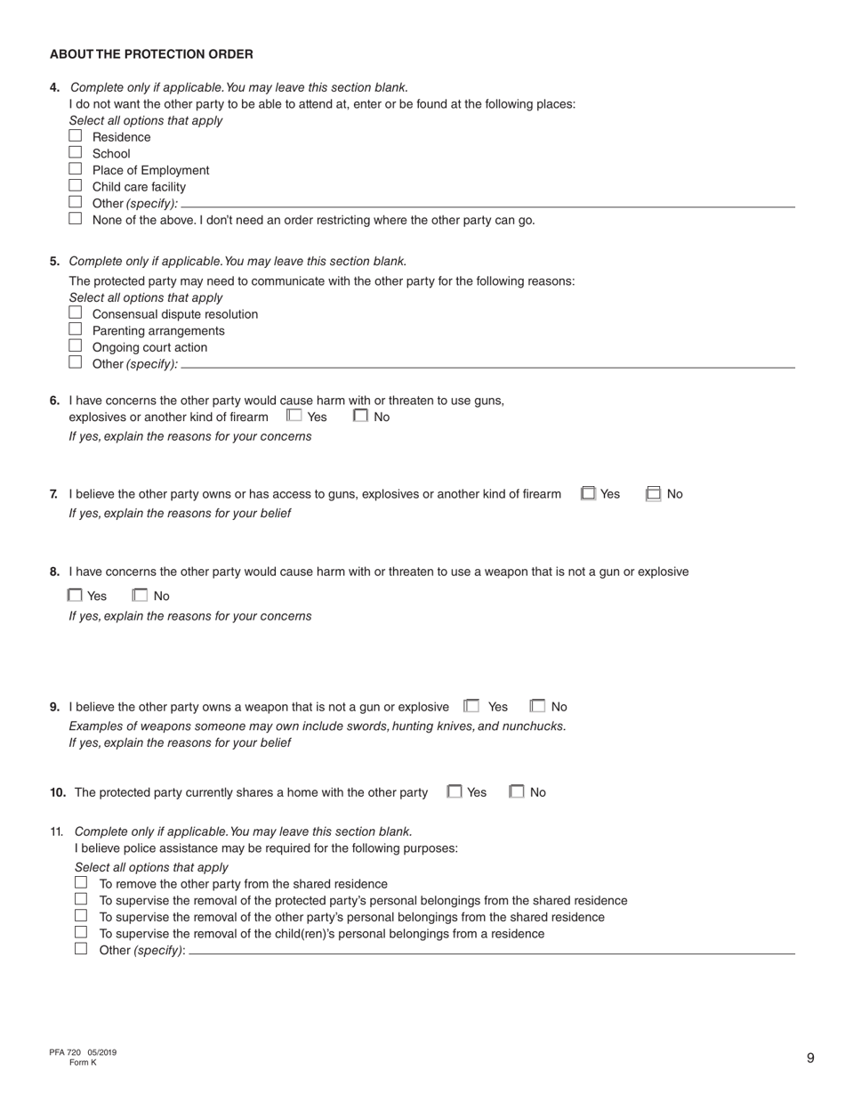 Form K (PFA720) Application About a Protection Order - British Columbia, Canada, Page 9