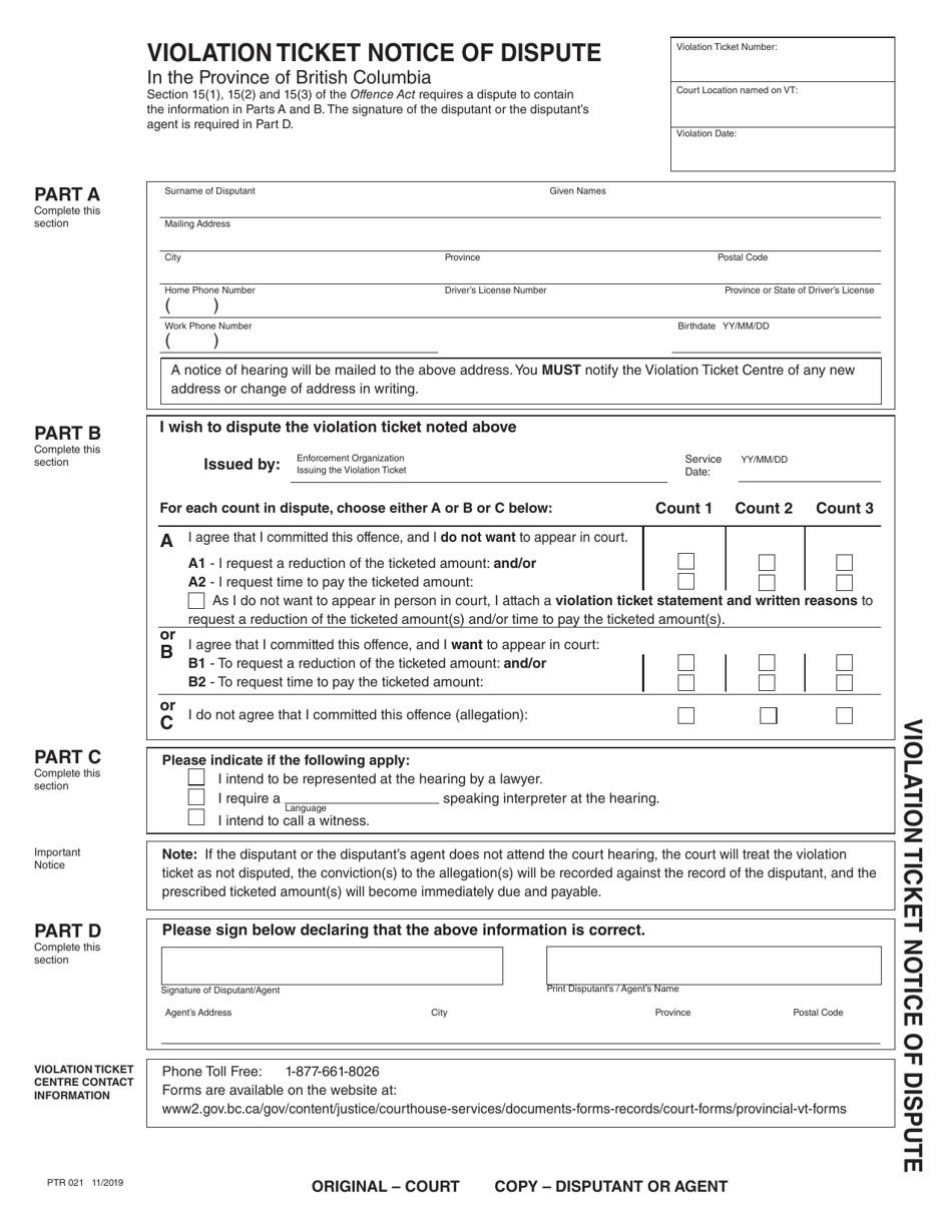 Form PTR021 Violation Ticket Notice of Dispute - British Columbia, Canada, Page 1