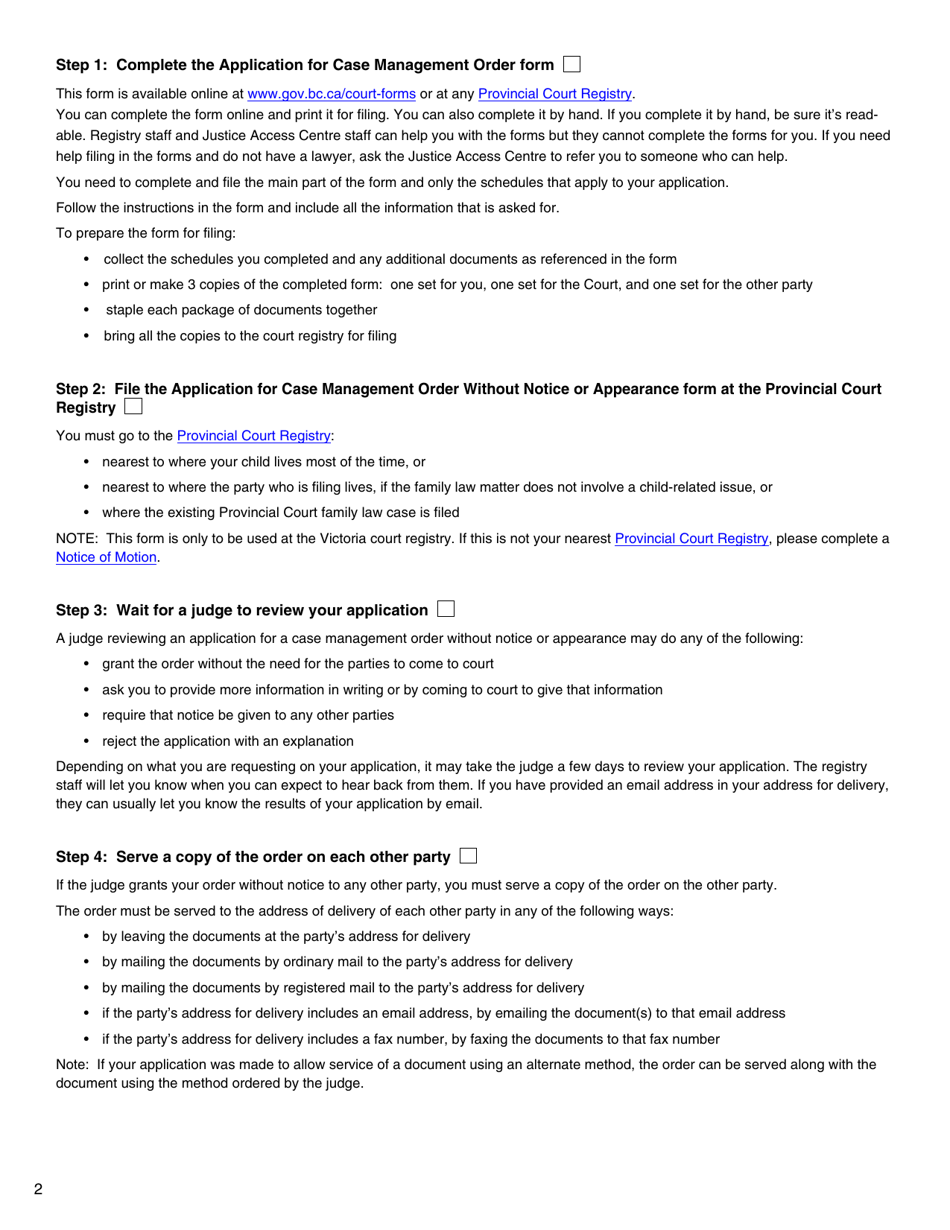 Form I (PFA718) Application for Case Management Order Without Notice or Appearance - British Columbia, Canada, Page 2