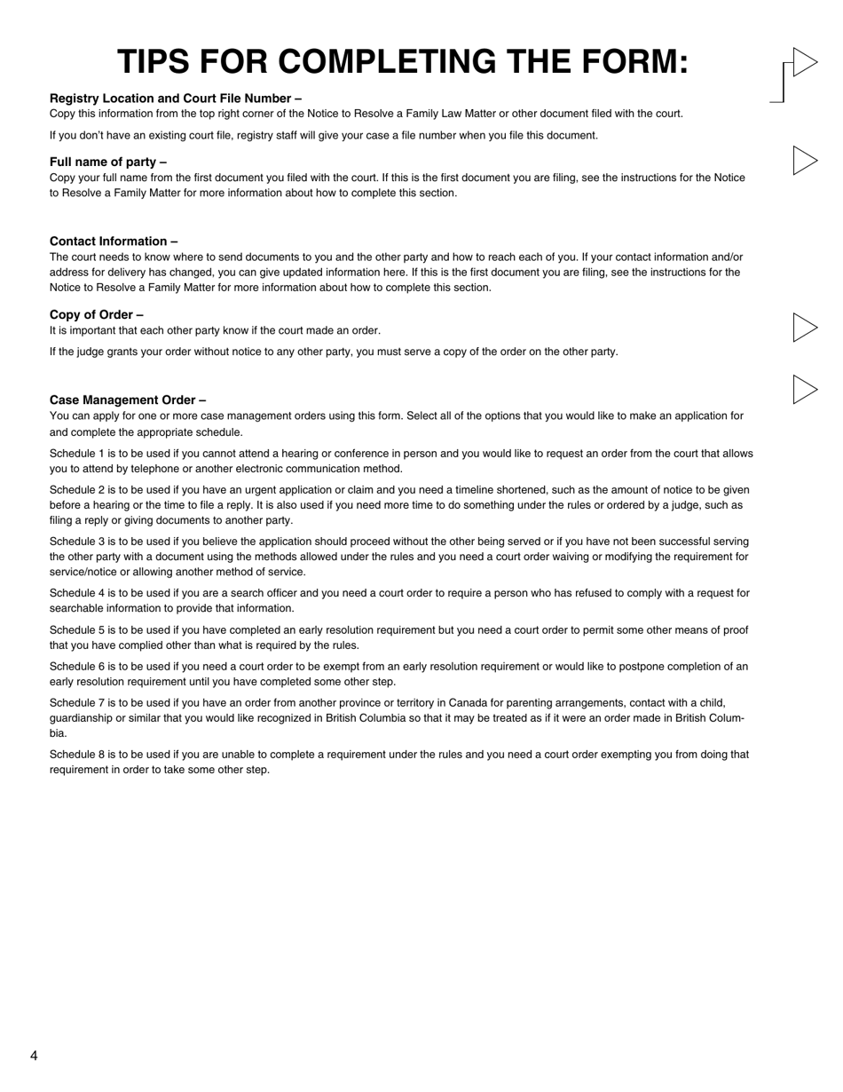 Form I (PFA718) Application for Case Management Order Without Notice or Appearance - British Columbia, Canada, Page 4