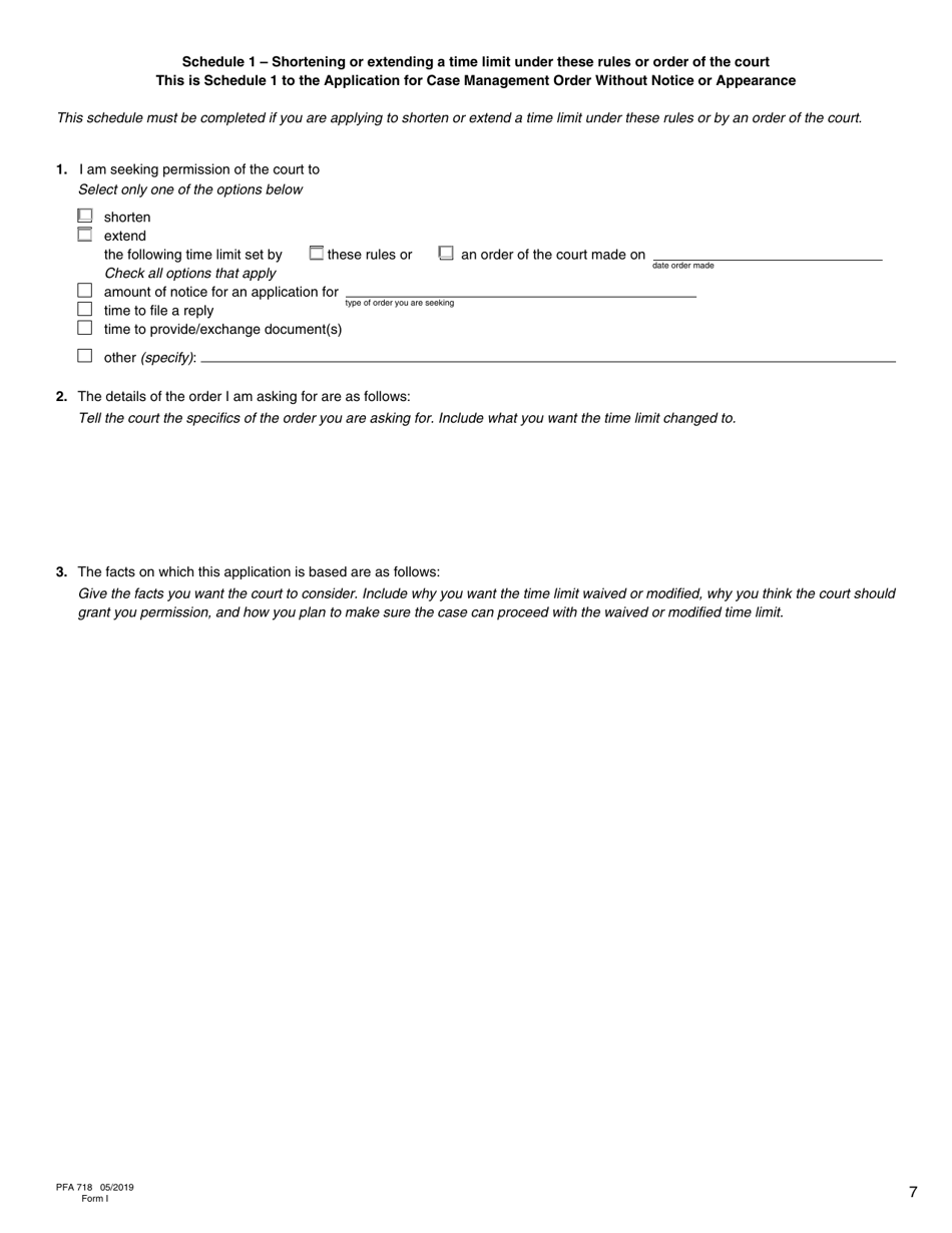 Form I (PFA718) Application for Case Management Order Without Notice or Appearance - British Columbia, Canada, Page 7