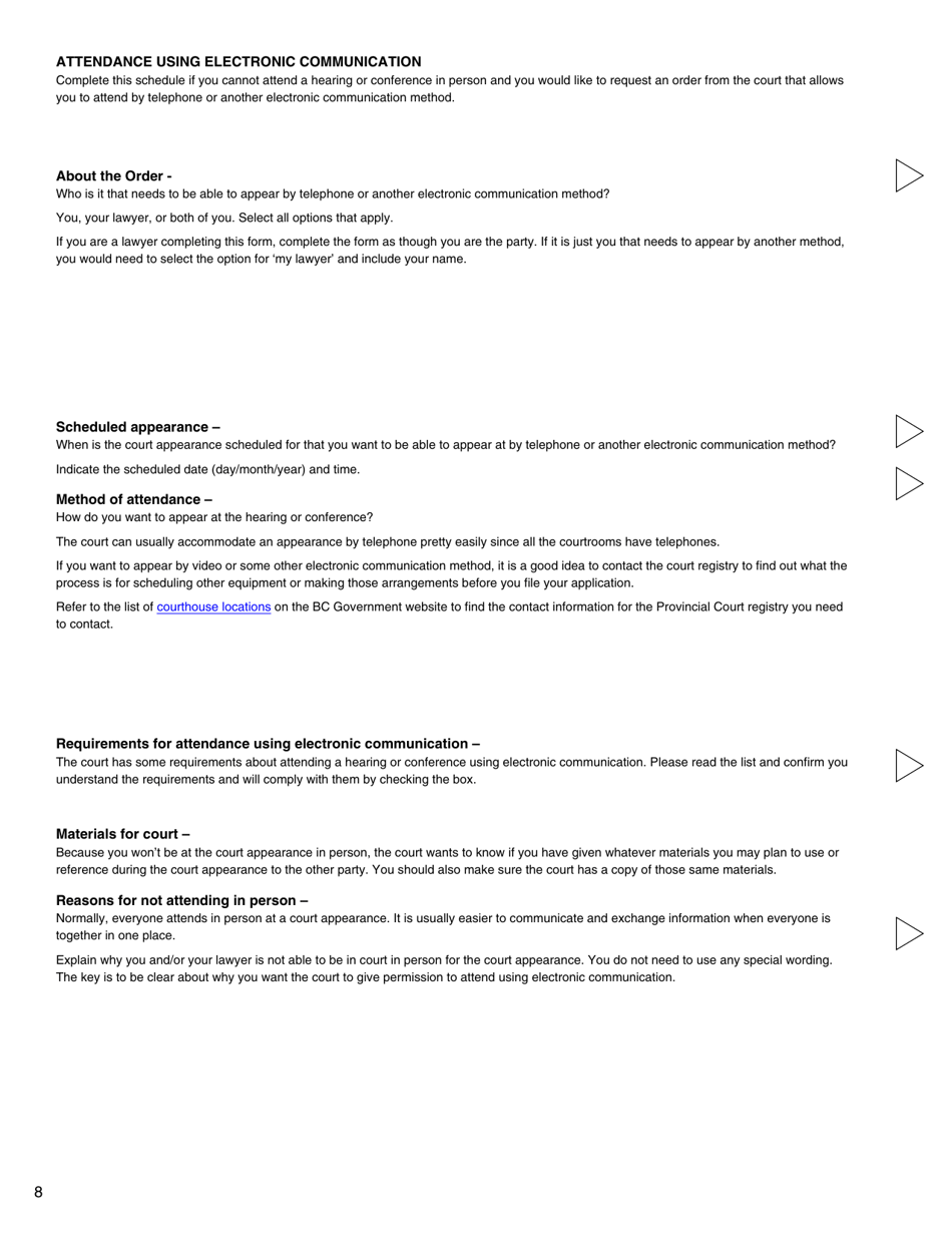 Form I (PFA718) Application for Case Management Order Without Notice or Appearance - British Columbia, Canada, Page 8