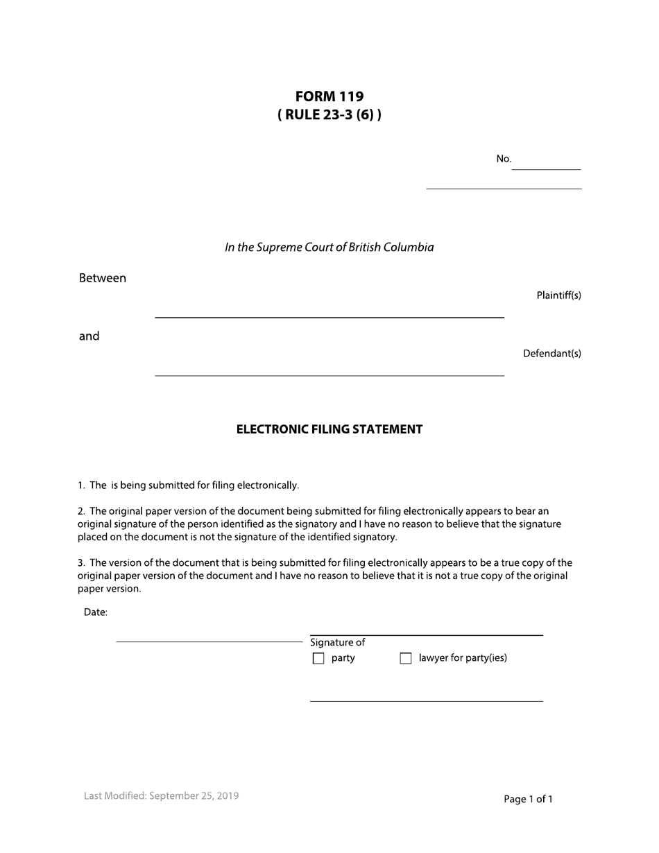 Form 119 Electronic Filing Statement - British Columbia, Canada, Page 1