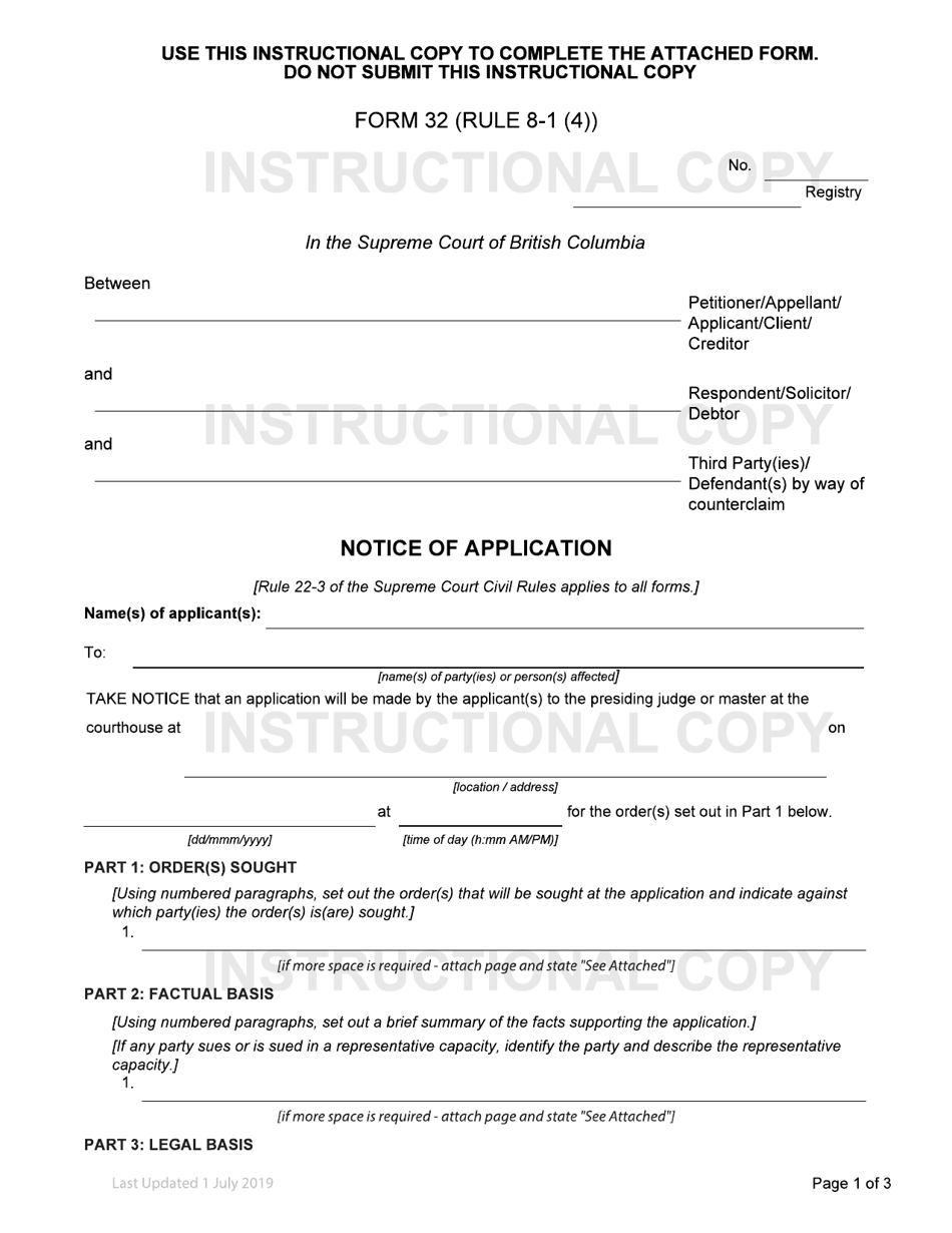 Form 32 Notice of Application - British Columbia, Canada, Page 1