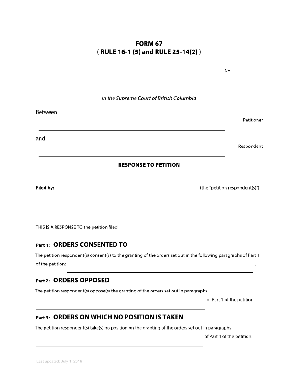 Form 67 Response to Petition - British Columbia, Canada, Page 1