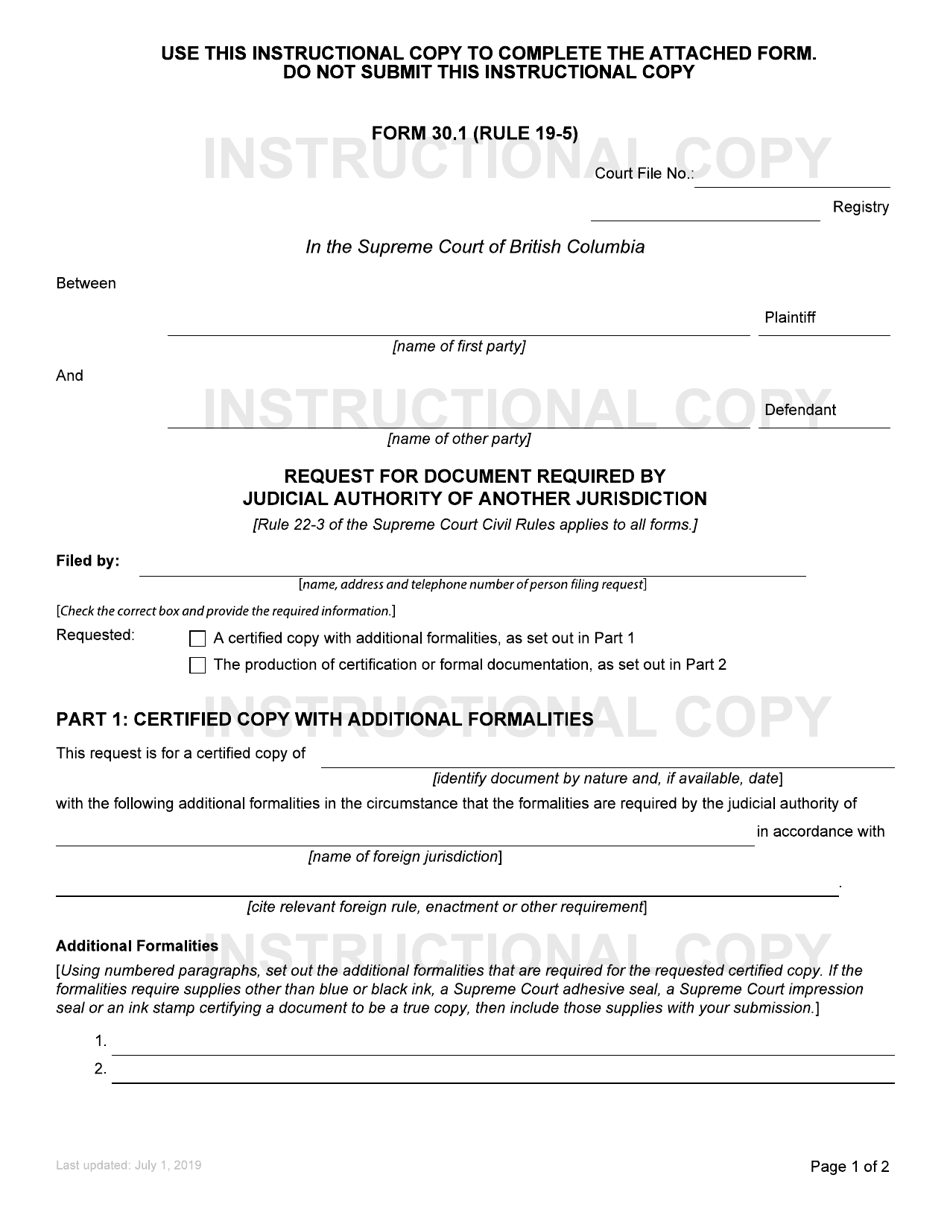 Form 30.1 Request for Document Required by Judicial Authority of Another Jurisdiction - British Columbia, Canada, Page 1