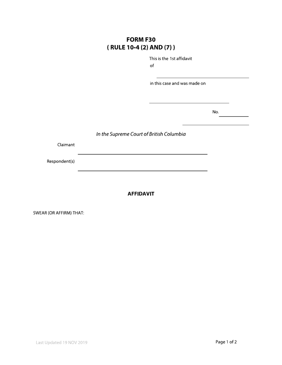 Form F30 Affidavit - British Columbia, Canada, Page 1