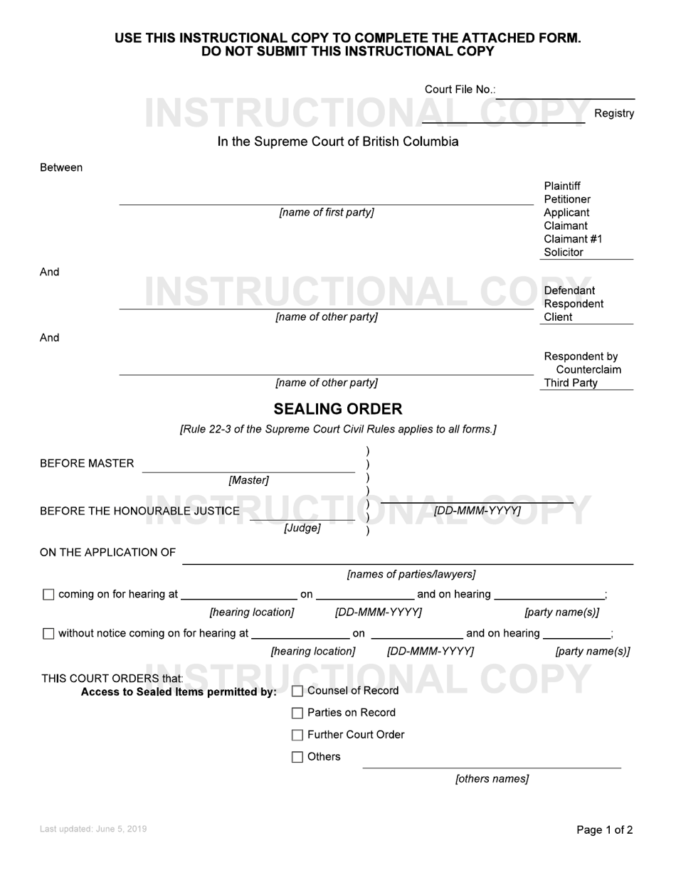 Form PD-35 Sealing Order - British Columbia, Canada, Page 1