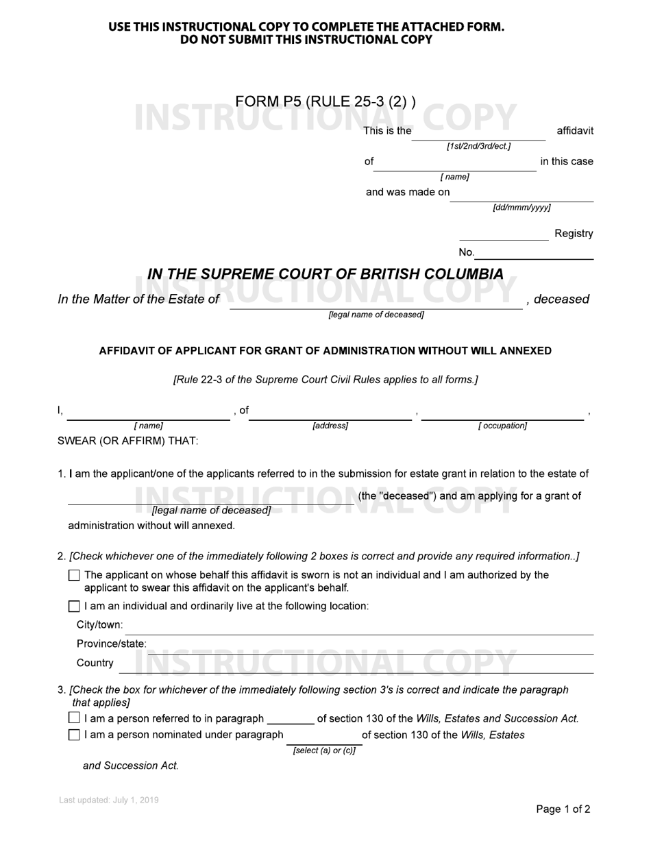 Form P5 Affidavit of Applicant for Grant of Administration Without Will Annexed - British Columbia, Canada, Page 1