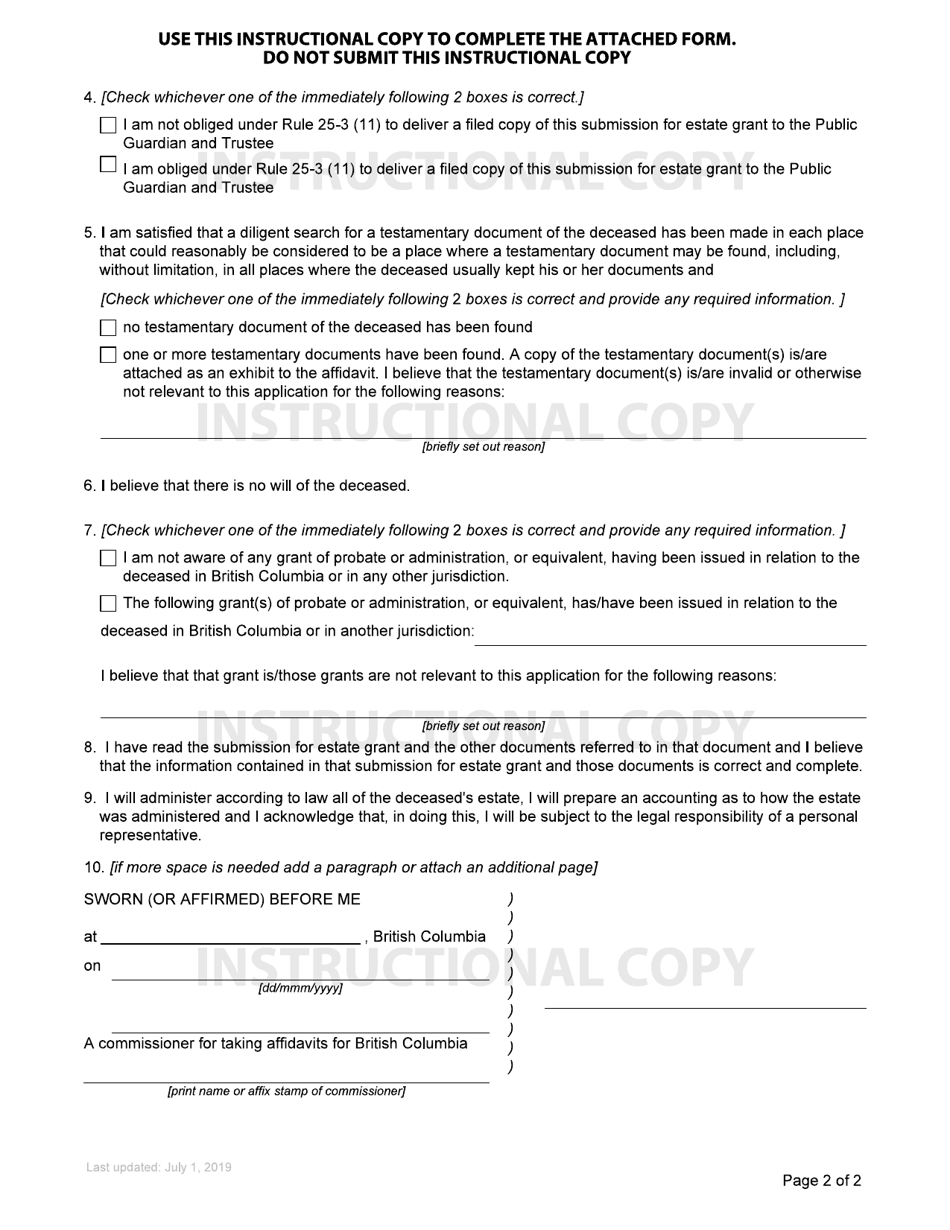 Form P5 Affidavit of Applicant for Grant of Administration Without Will Annexed - British Columbia, Canada, Page 2