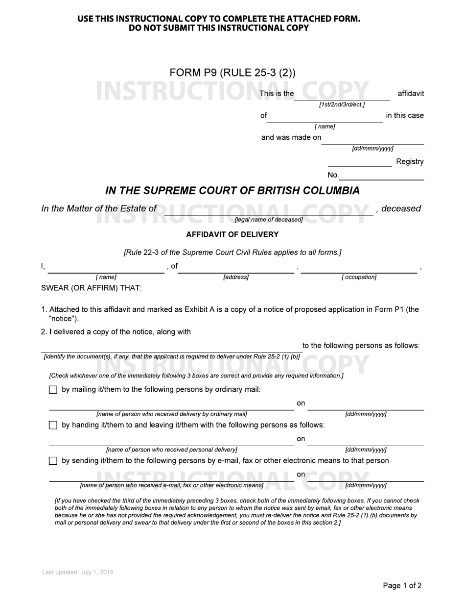 Form P9 Affidavit of Delivery - British Columbia, Canada, Page 1
