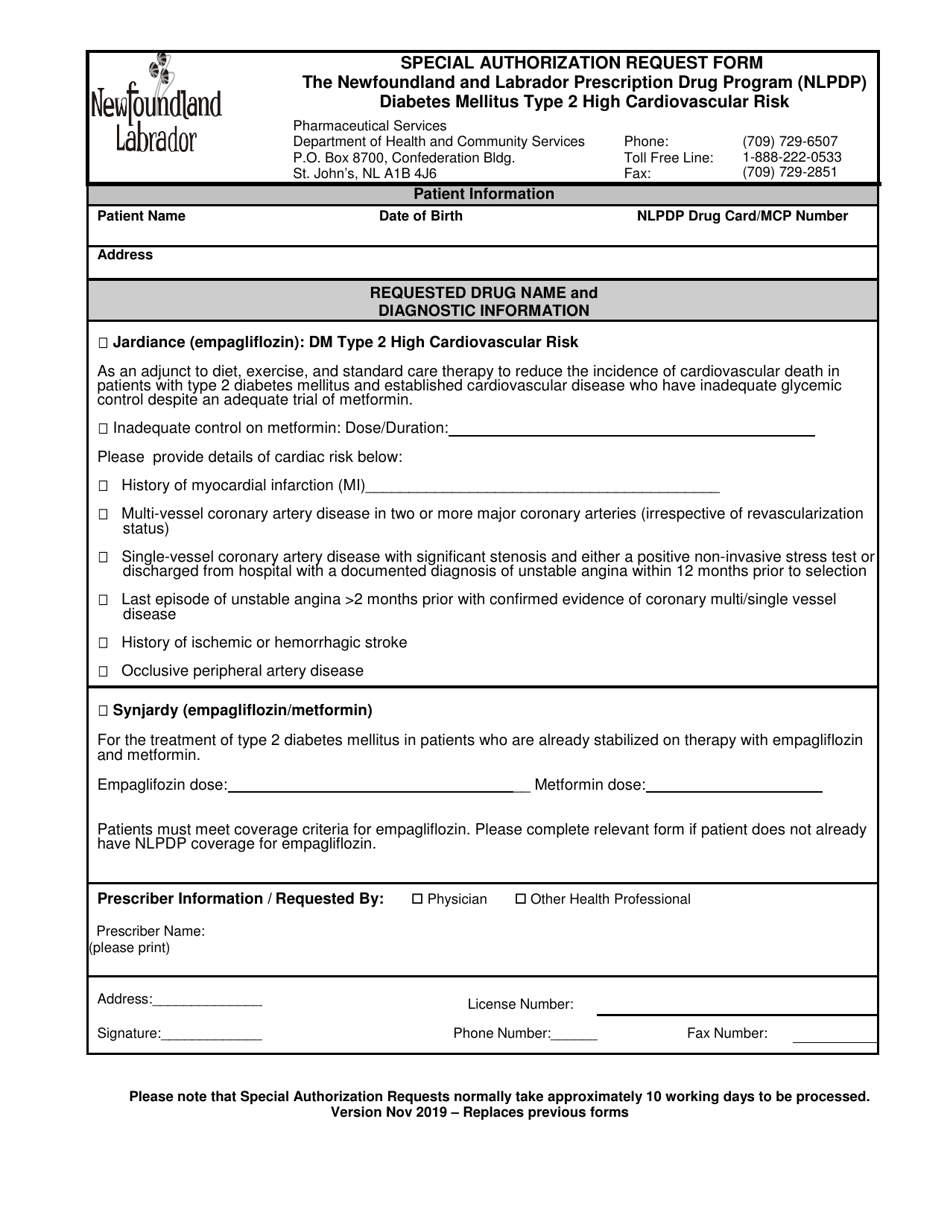 Special Authorization Request Form - Diabetes Mellitus Type 2 High Cardiovascular Risk - Newfoundland and Labrador, Canada, Page 1
