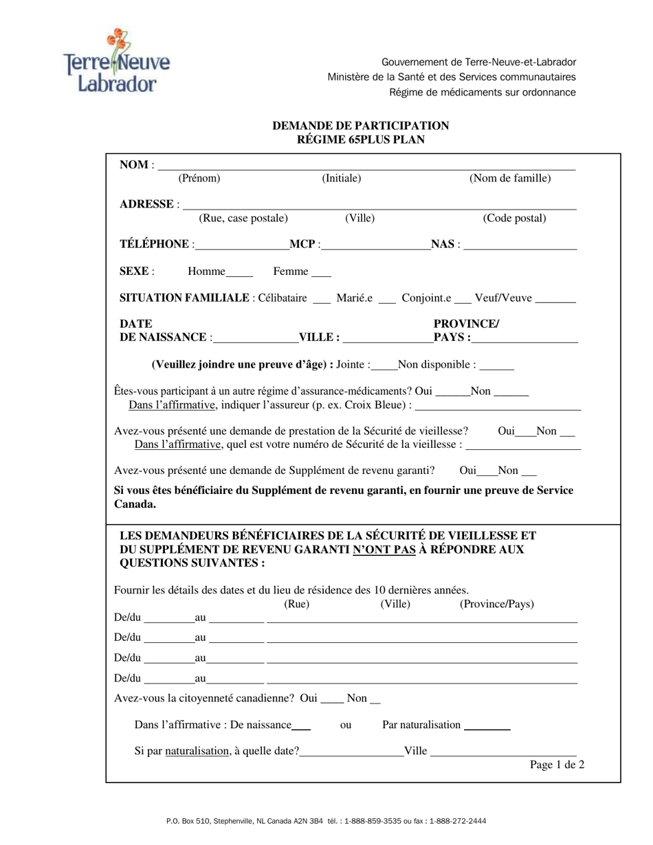 Demande De Participation Regime 65plus Plan - Newfoundland and Labrador, Canada (French), Page 2