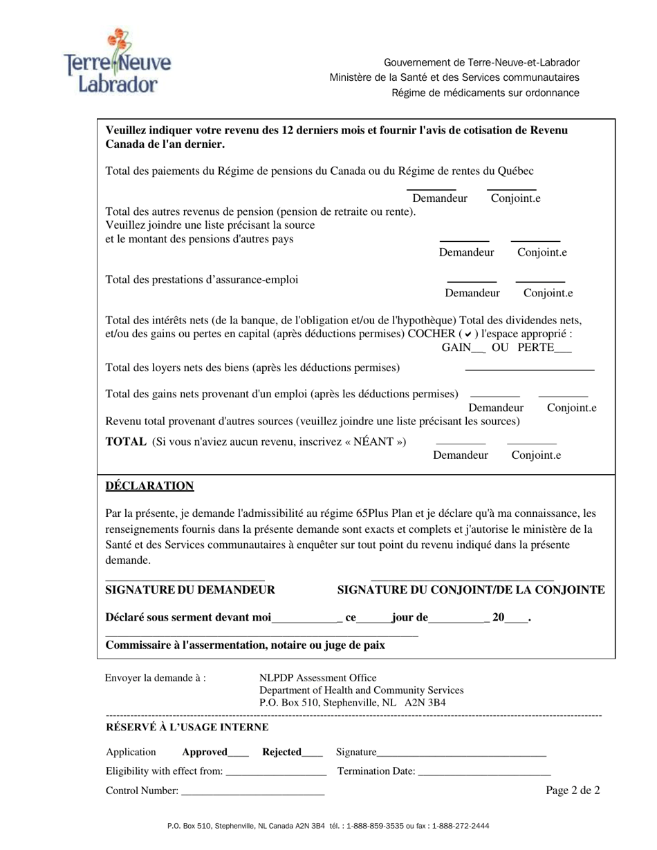 Demande De Participation Regime 65plus Plan - Newfoundland and Labrador, Canada (French), Page 3