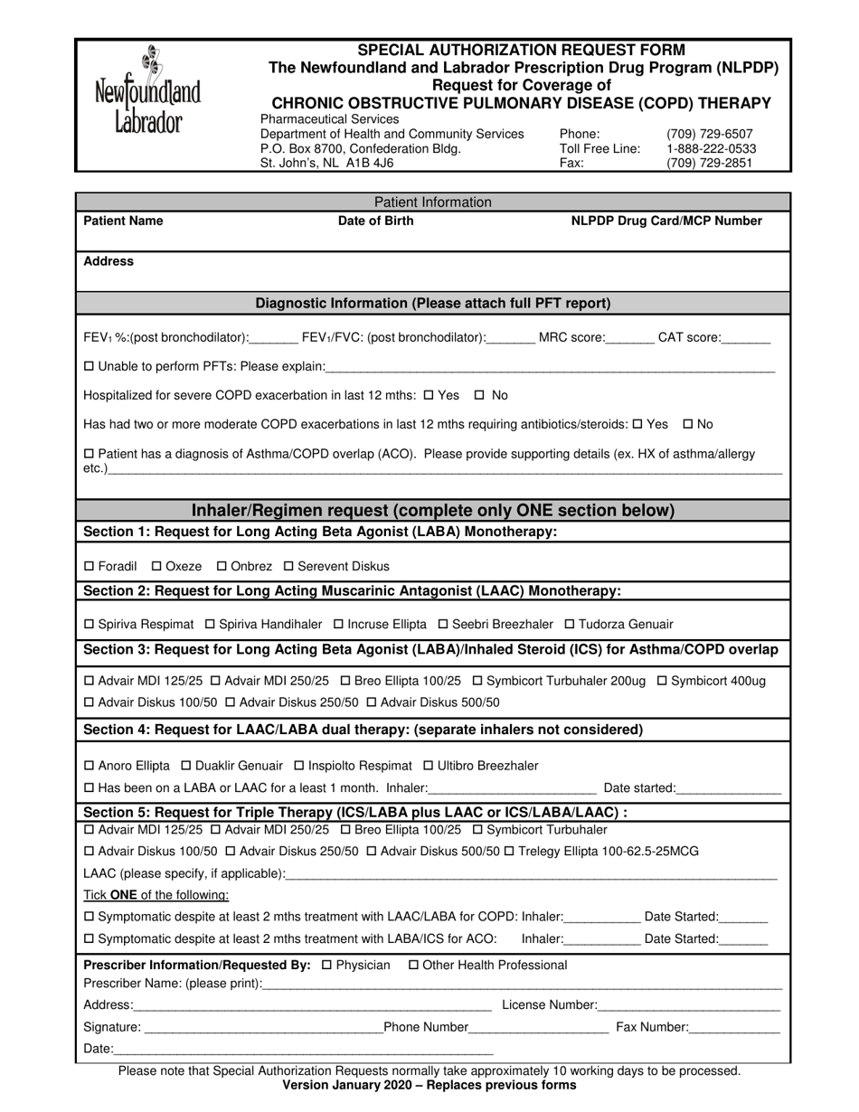 Special Authorization Request Form - Request for Coverage of Chronic Obstructive Pulmonary Disease (Copd) Therapy - Newfoundland and Labrador, Canada, Page 1