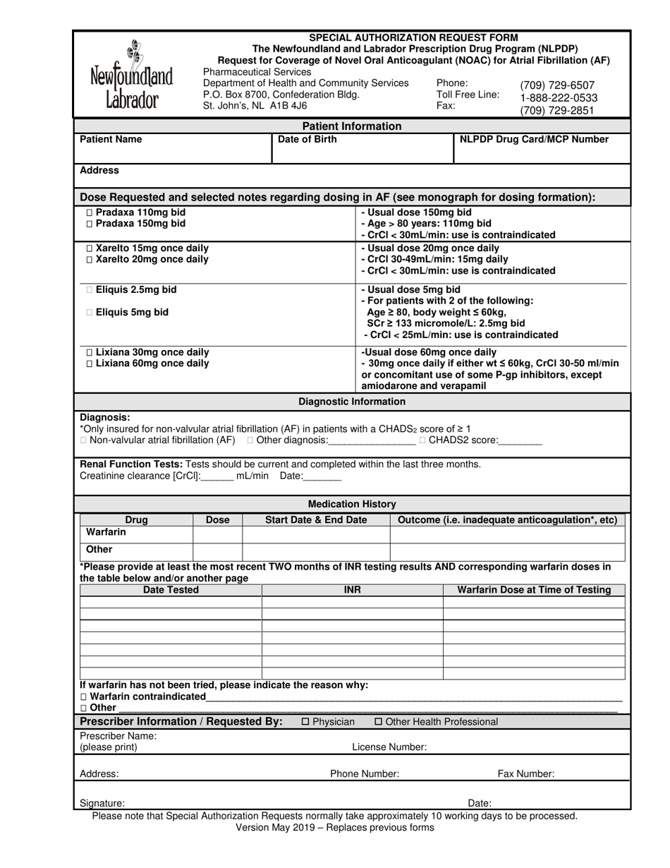 Special Authorization Request Form - Request for Coverage of Novel Oral Anticoagulant (Noac) for Atrial Fibrillation (AF) - Newfoundland and Labrador, Canada, Page 1