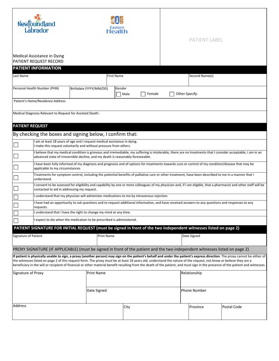 Medical Assistance in Dying Patient Request Record Eastern Health - Newfoundland and Labrador, Canada, Page 1