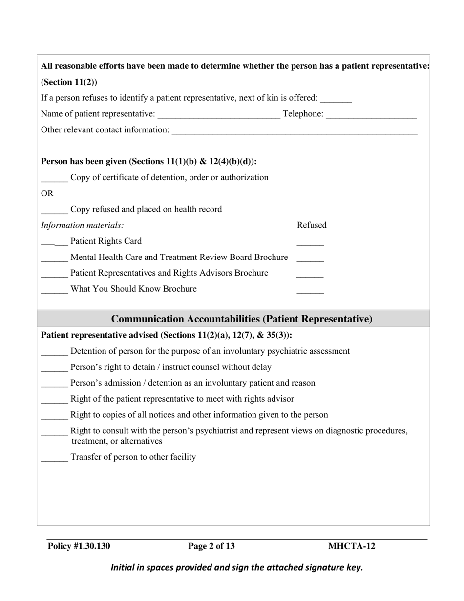 Form MHCTA-12 Involuntary Certification / Communications Checklist - Newfoundland and Labrador, Canada, Page 2