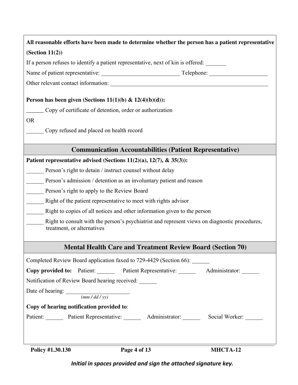 Form MHCTA-12 Involuntary Certification / Communications Checklist - Newfoundland and Labrador, Canada, Page 4