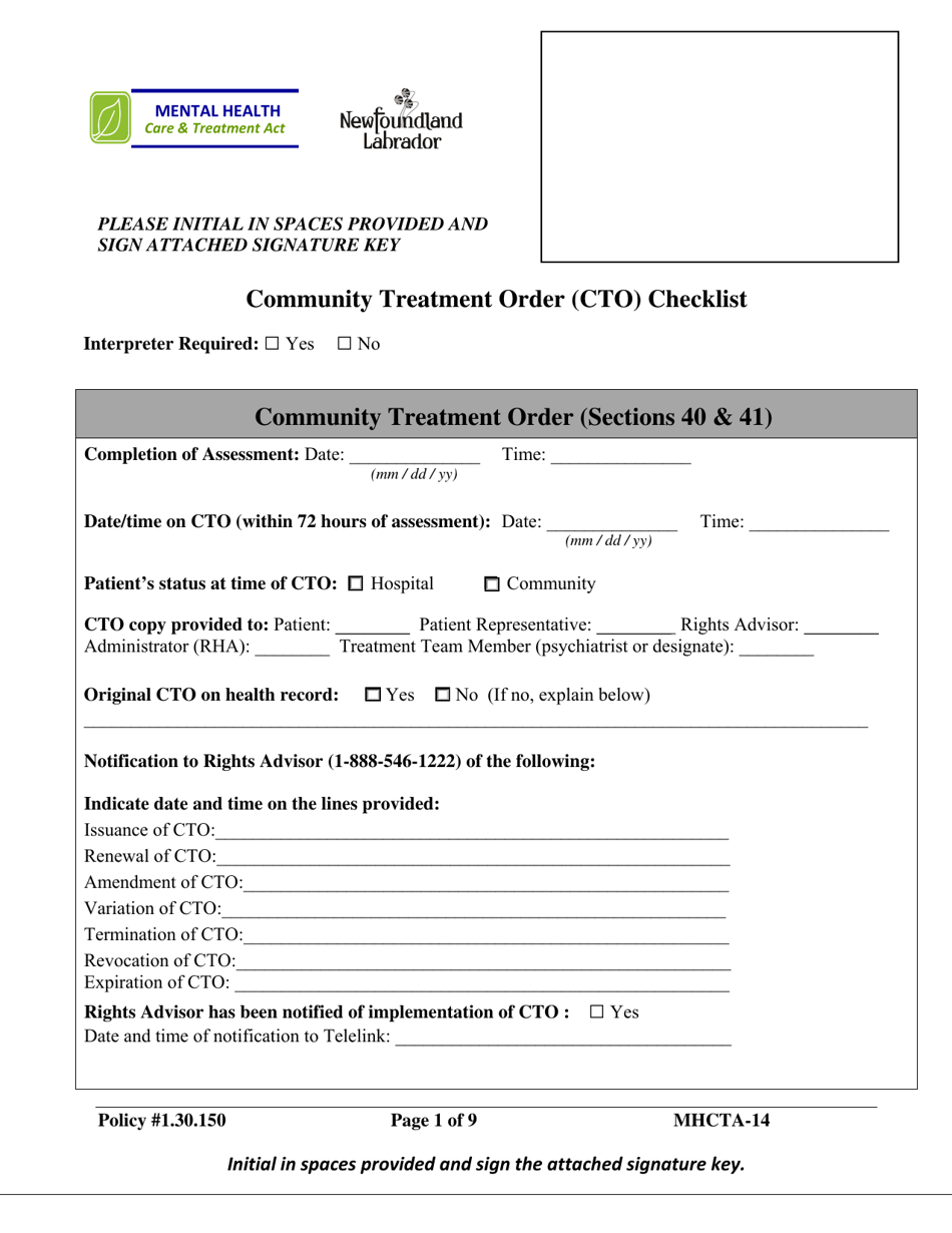 Form MHCTA-14 Community Treatment Order (Cto) Checklist - Newfoundland and Labrador, Canada, Page 1