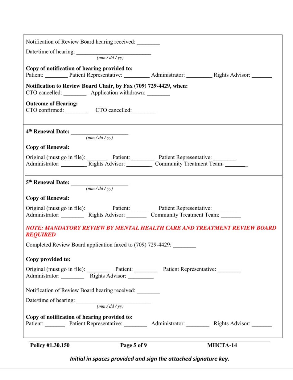 Form MHCTA-14 Community Treatment Order (Cto) Checklist - Newfoundland and Labrador, Canada, Page 5