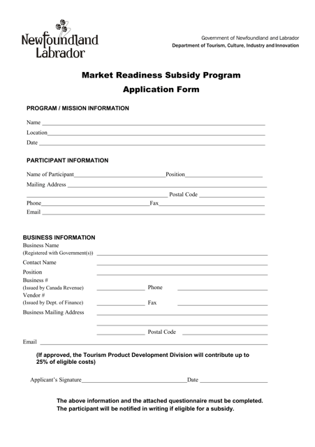 Market Readiness Subsidy Program Application Form - Newfoundland and Labrador, Canada Download Pdf