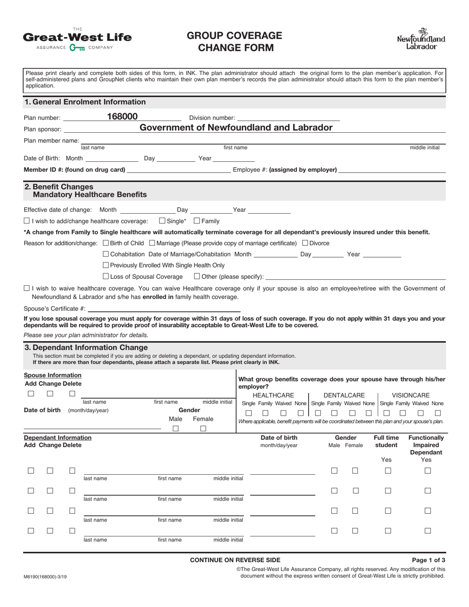 Form M6190 Group Coverage Change Form - Newfoundland and Labrador, Canada, Page 1