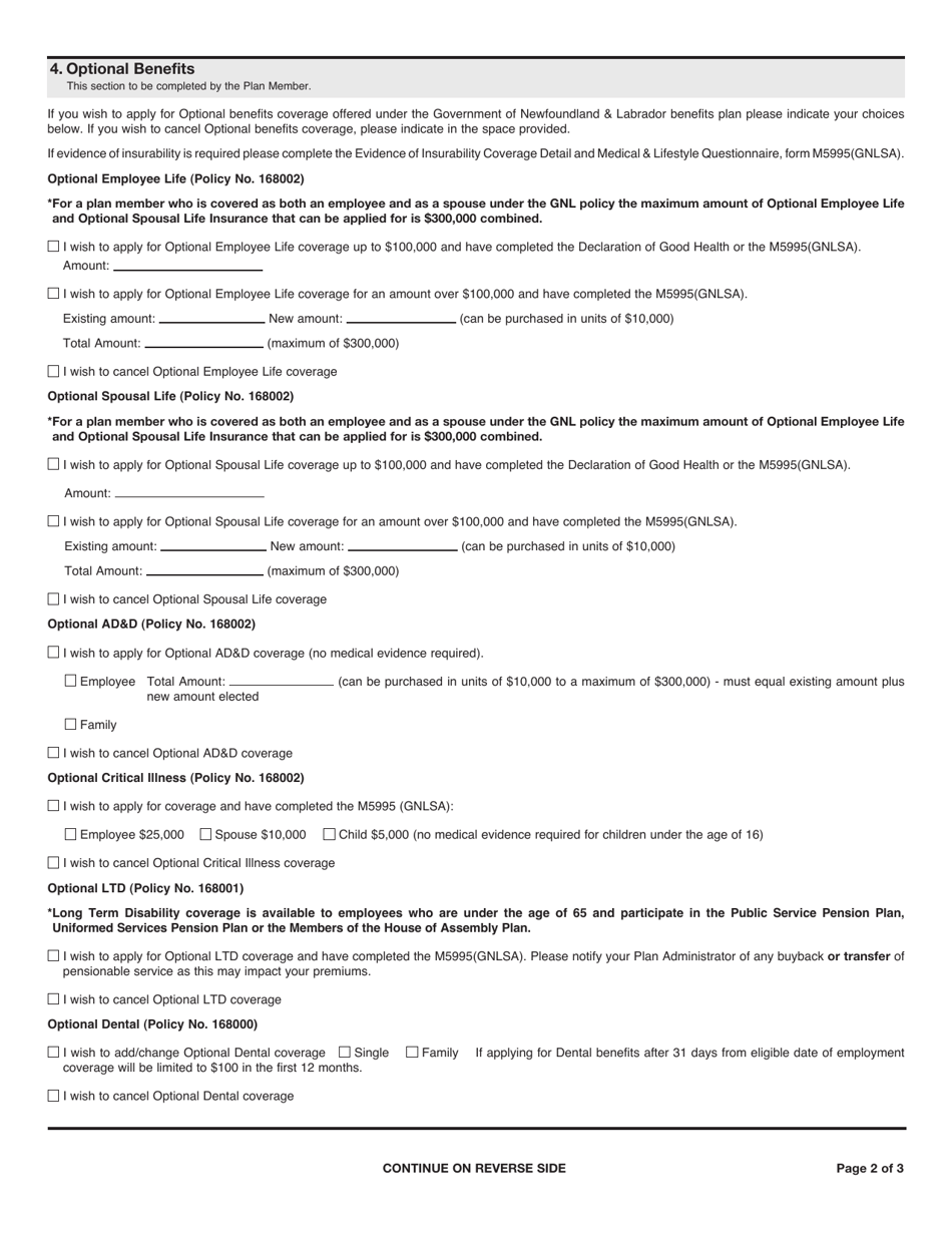 Form M6190 Group Coverage Change Form - Newfoundland and Labrador, Canada, Page 2