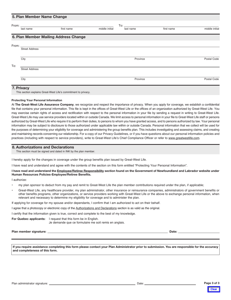 Form M6190 Group Coverage Change Form - Newfoundland and Labrador, Canada, Page 3