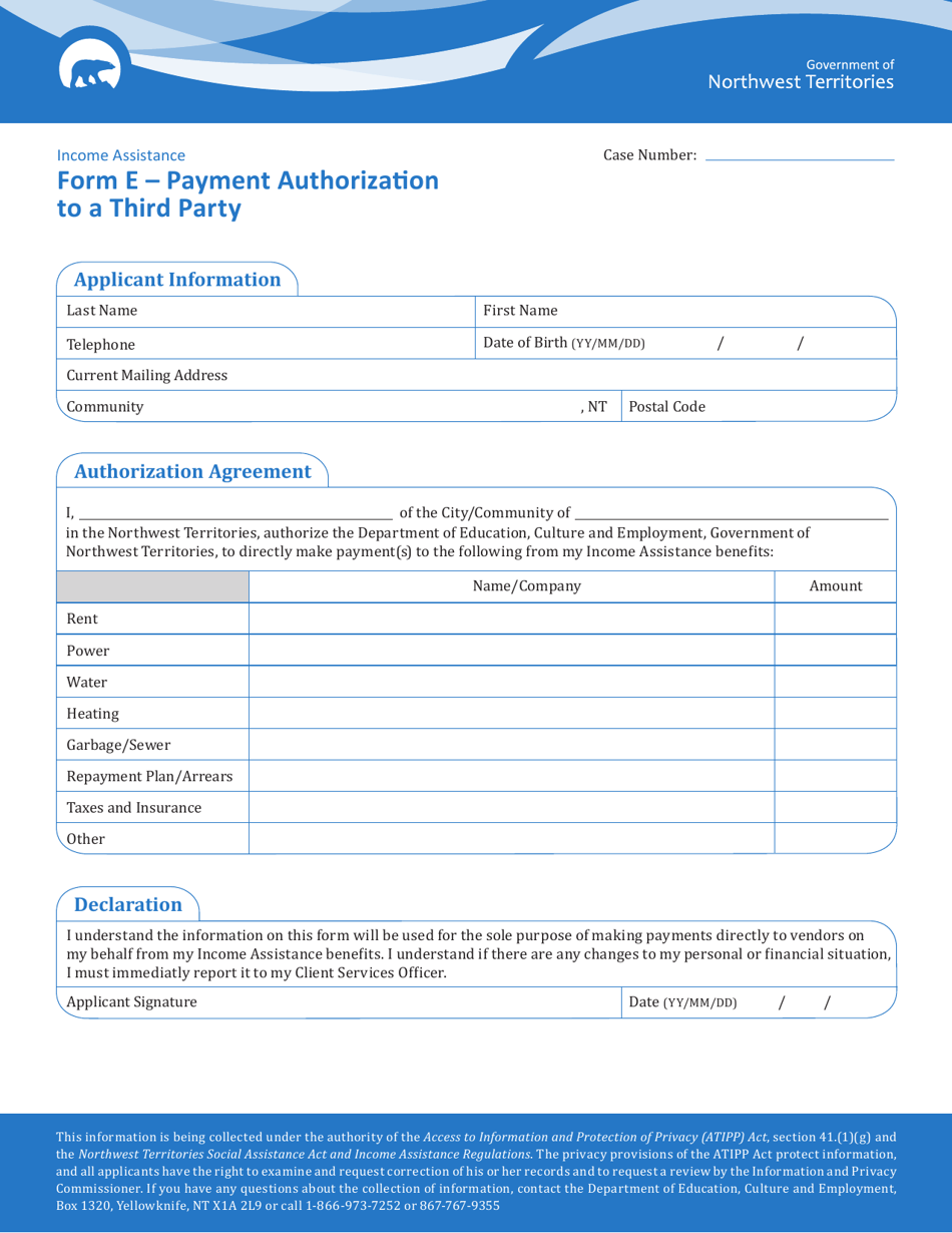 Form E Payment Authorization to a Third Party - Northwest Territories, Canada, Page 1