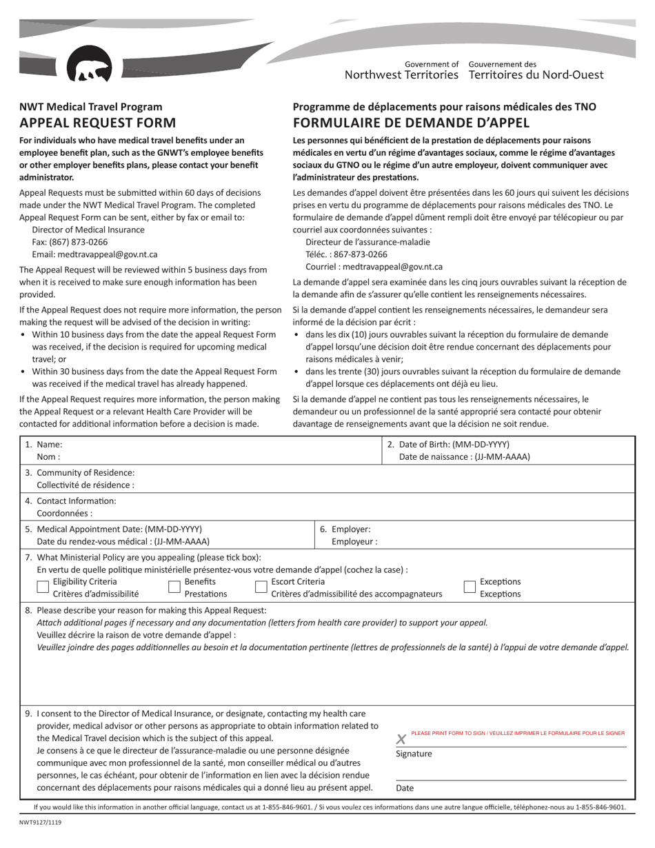 Form NWT9127 Nwt Medical Travel Program Appeal Request Form - Northwest Territories, Canada (English / French), Page 1
