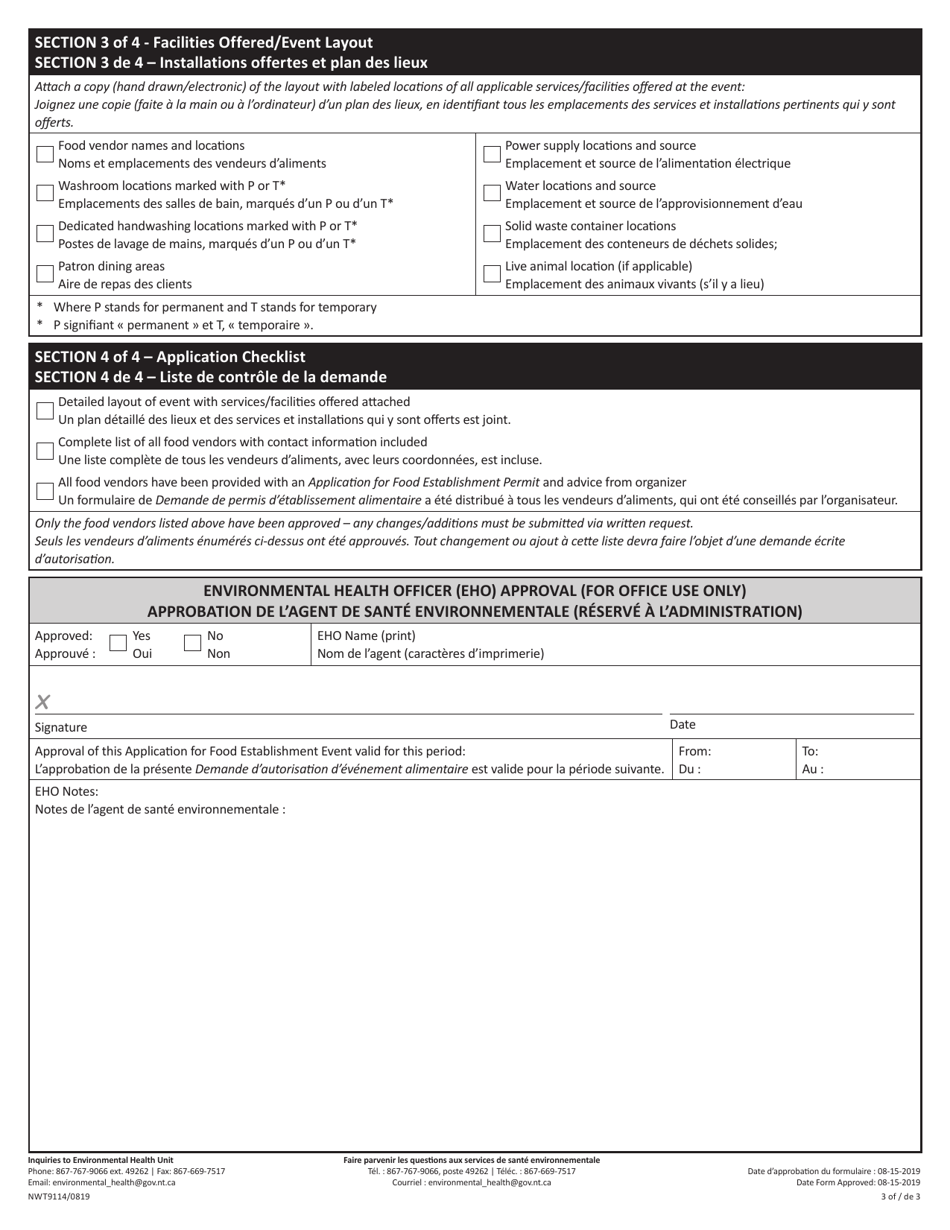 Form NWT9114 Event Organizer: Application for Food Establishment Event - Northwest Territories, Canada (English / French), Page 3