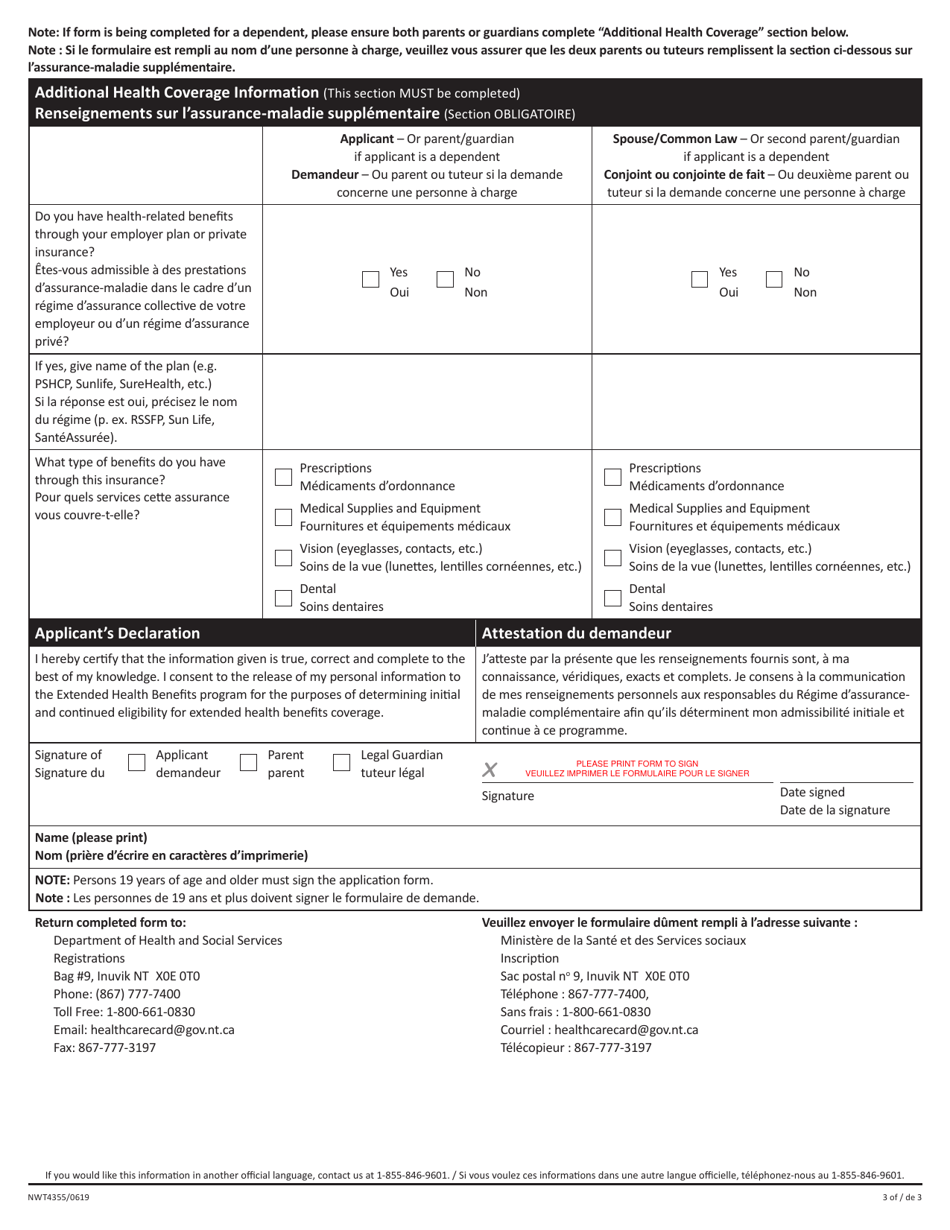 Form NWT4355 Metis Health Benefits Application - Northwest Territories, Canada (English / French), Page 3