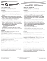 Form NWT9115 &quot;Application for Food Establishment Permit&quot; - Northwest Territories, Canada (English/French)