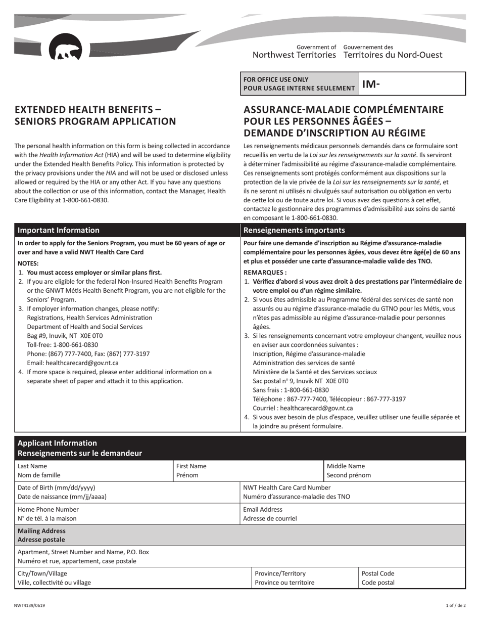 Form NWT4139 Extended Health Benefits  Seniors Program Application - Northwest Territories, Canada (English / French), Page 1