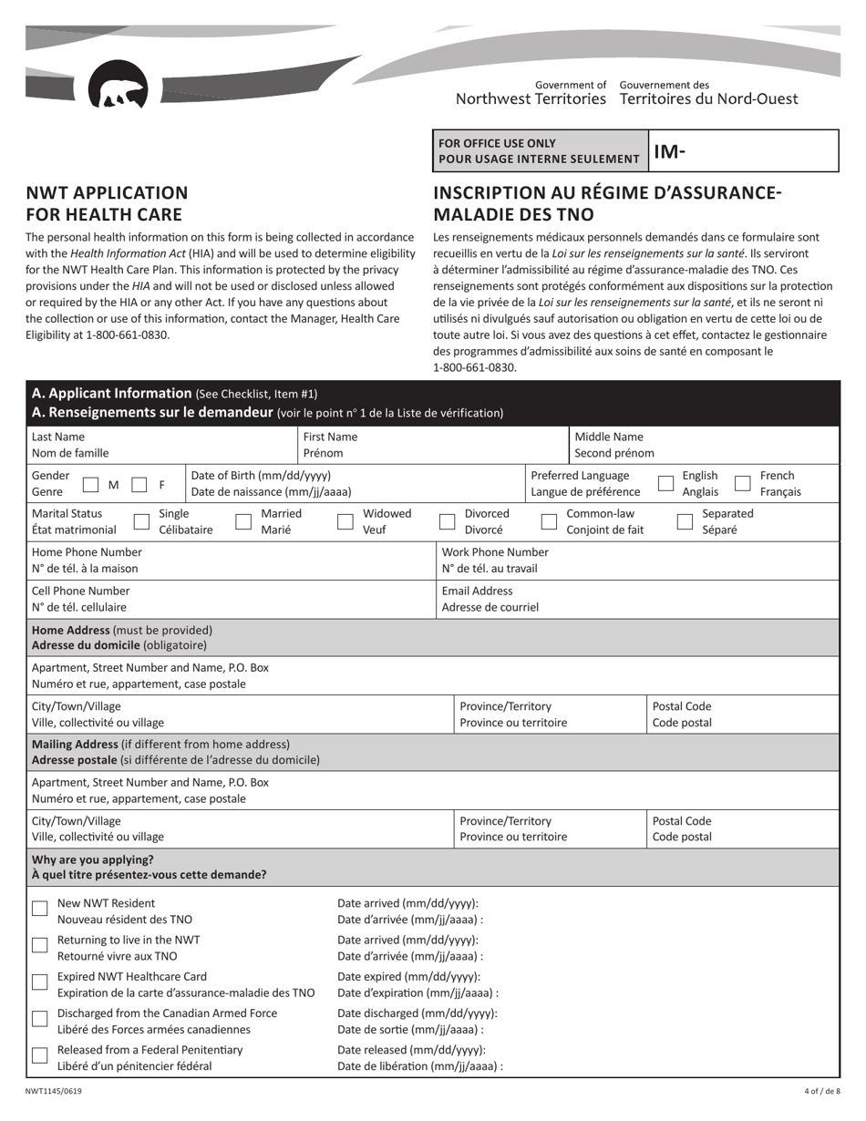 Form NWT1145 Nwt Application for Health Care - Northwest Territories, Canada (English / French), Page 4