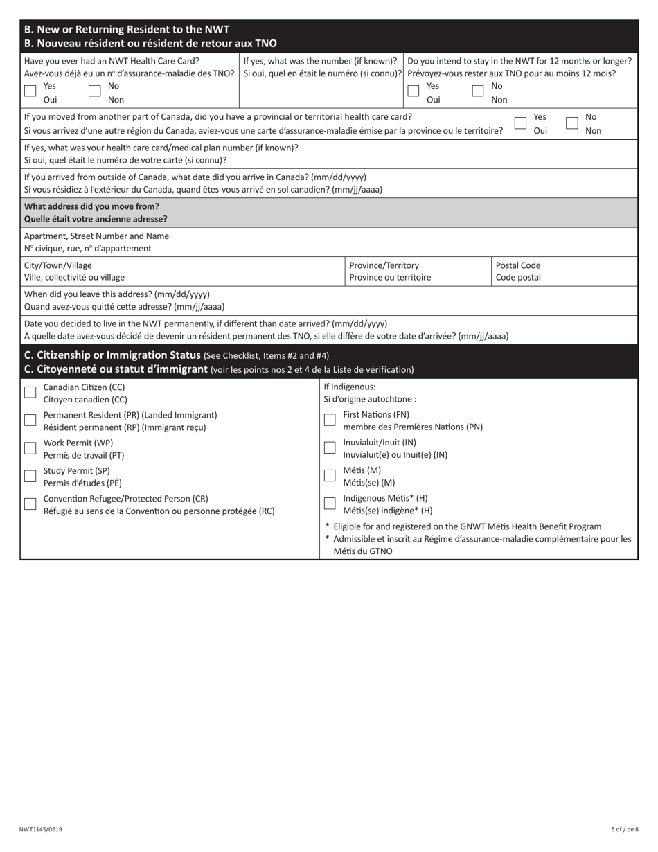 Form NWT1145 Nwt Application for Health Care - Northwest Territories, Canada (English / French), Page 5