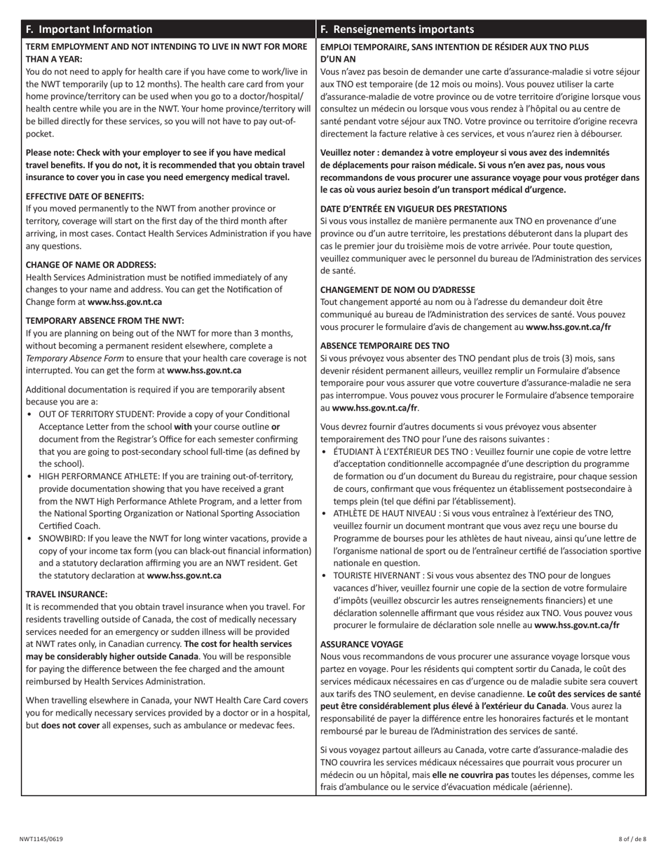 Form NWT1145 Nwt Application for Health Care - Northwest Territories, Canada (English / French), Page 8