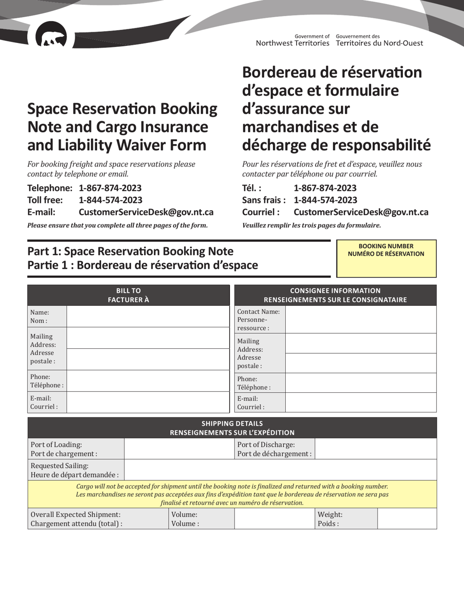 Space Reservation Booking Note and Cargo Insurance and Liability Waiver Form - Northwest Territories, Canada (English / French), Page 1