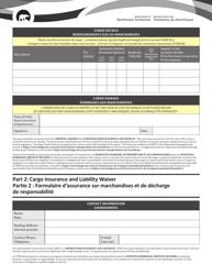 Space Reservation Booking Note and Cargo Insurance and Liability Waiver Form - Northwest Territories, Canada (English/French), Page 2