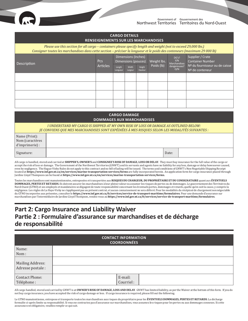Space Reservation Booking Note and Cargo Insurance and Liability Waiver Form - Northwest Territories, Canada (English / French), Page 2