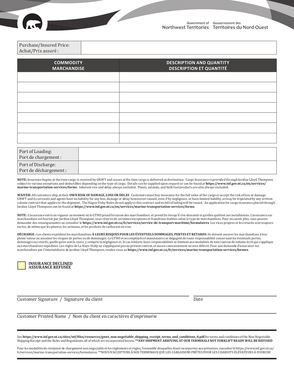 Space Reservation Booking Note and Cargo Insurance and Liability Waiver Form - Northwest Territories, Canada (English / French), Page 3
