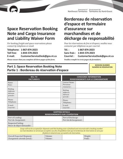 Space Reservation Booking Note and Cargo Insurance and Liability Waiver Form - Northwest Territories, Canada (English/French)