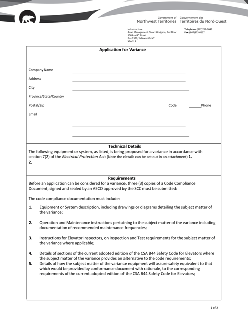 Application for Variance - Northwest Territories, Canada Download Pdf