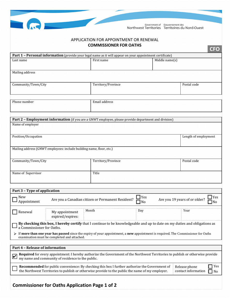 Application for Appointment or Renewal Commissioner for Oaths - Northwest Territories, Canada, Page 1