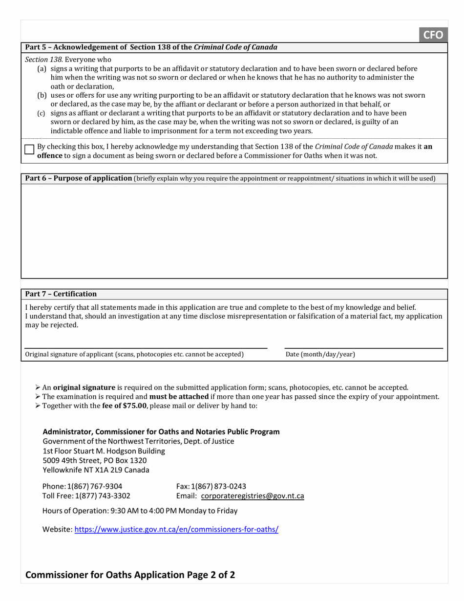 Application for Appointment or Renewal Commissioner for Oaths - Northwest Territories, Canada, Page 2