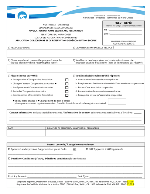 Co-operative Associations Act Application for Name Search and Reservation - Northwest Territories, Canada (English / French) Download Pdf