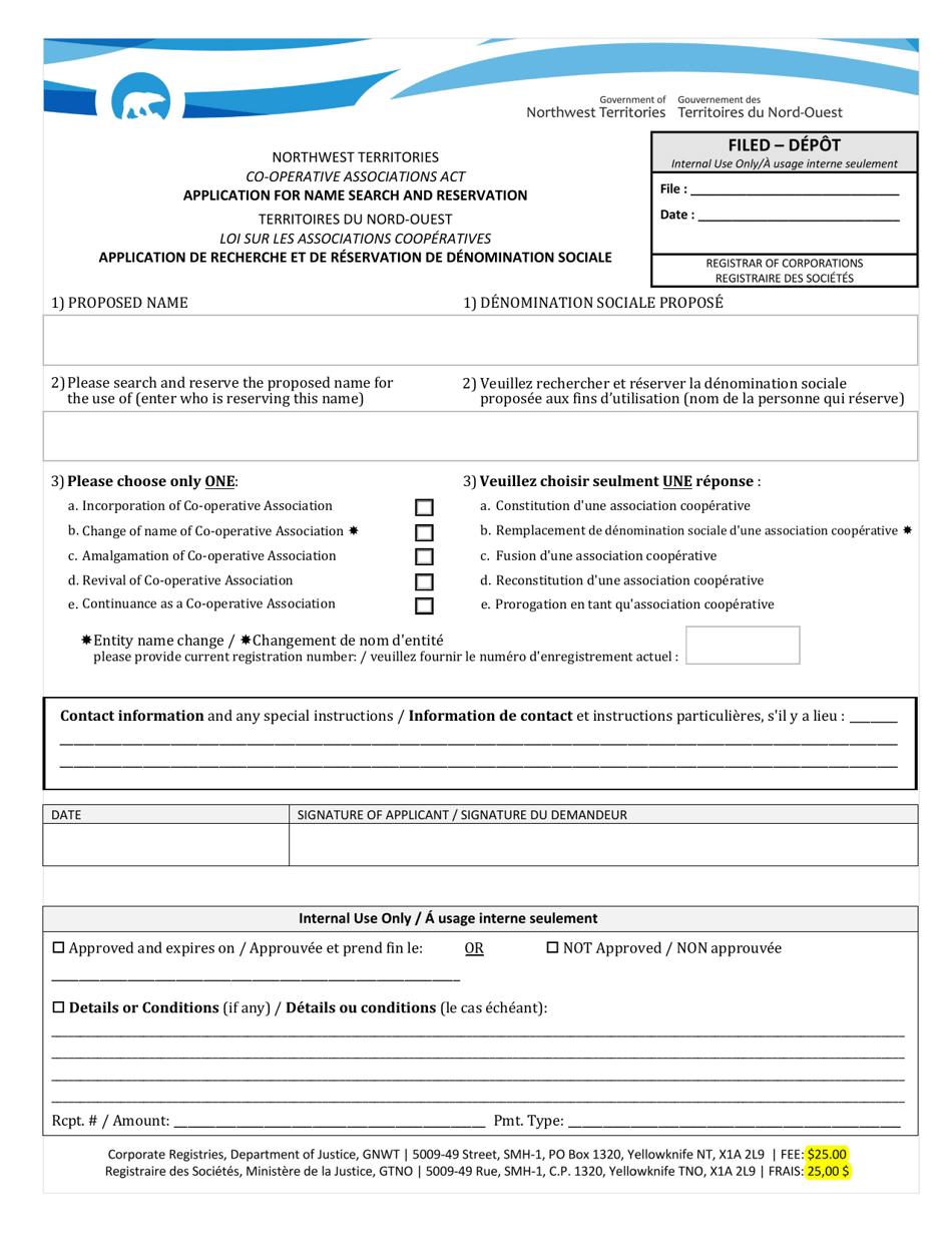 Co-operative Associations Act Application for Name Search and Reservation - Northwest Territories, Canada (English / French), Page 1