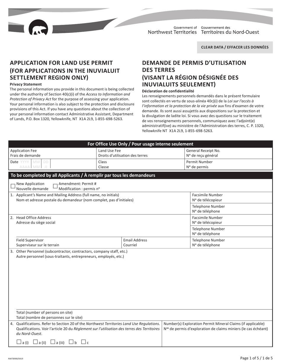 Form NWT8900 Application for Land Use Permit (For Applications in the Inuvialuit Settlement Region Only) - Northwest Territories, Canada (English / French), Page 1