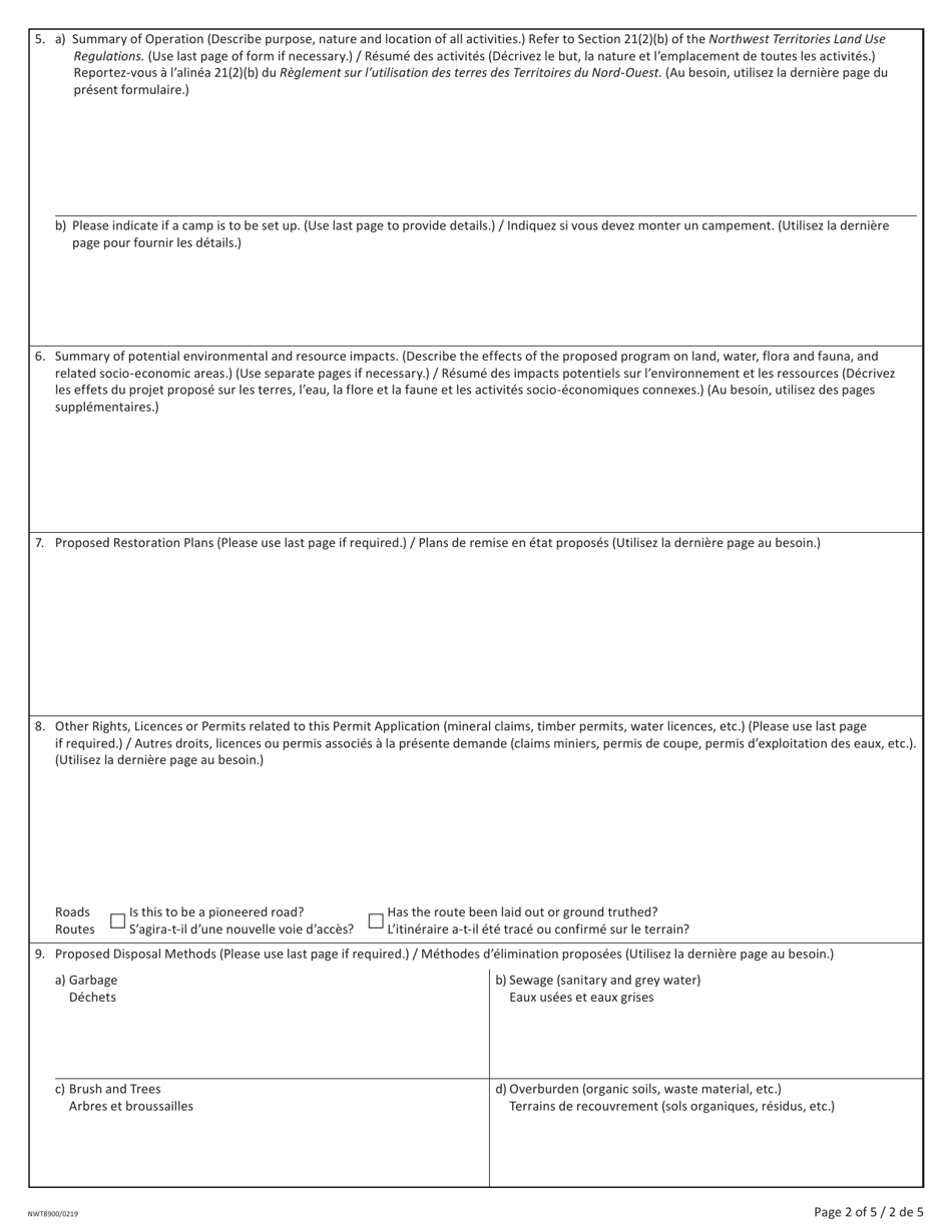 Form NWT8900 Application for Land Use Permit (For Applications in the Inuvialuit Settlement Region Only) - Northwest Territories, Canada (English / French), Page 2